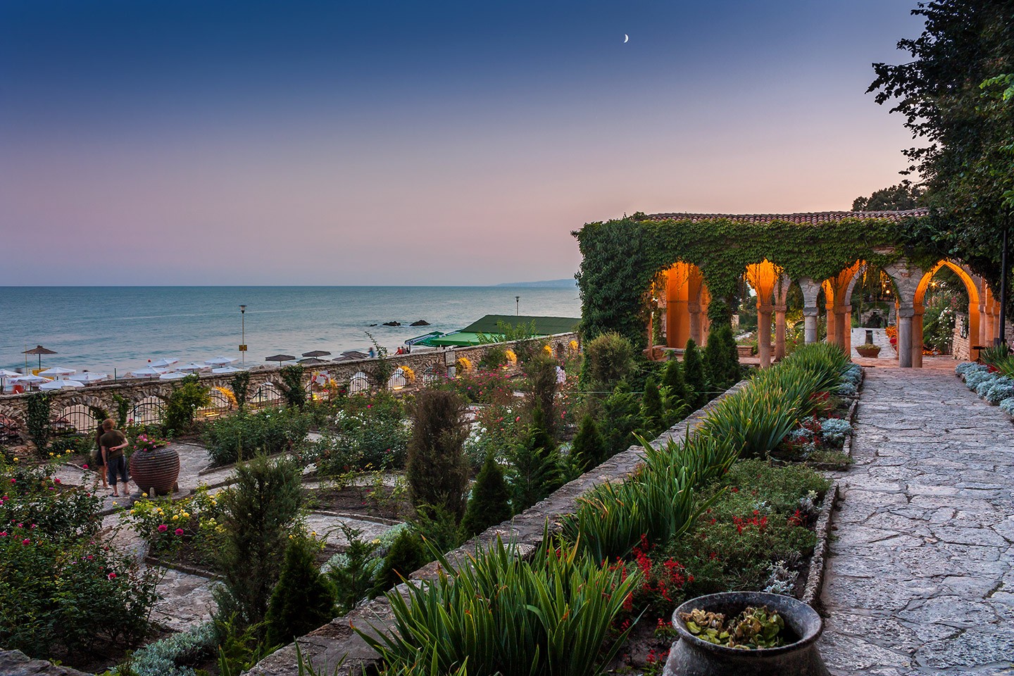 The calm and beautiful garden of the Balchik Palace at night